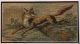 Needlepoint of fox jumping over a log